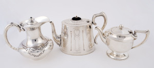 Two silver plated teapots together with a hot water pot, 19th and 20th century, (3 items), the tallest 16cm high