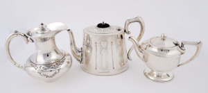 Two silver plated teapots together with a hot water pot, 19th and 20th century, (3 items), ​the tallest 16cm high