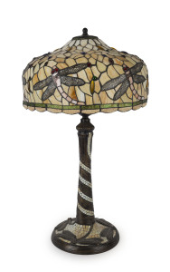 TIFFANY style Art Nouveau lamp, leadlight and bronze with dragonfly motif, late 20th century, 90cm high, 49cm wide