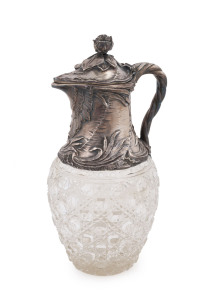 A German Art Nouveau claret jug, hobnail cut crystal and silver, circa 1895, stamped "800" with crown and crescent mark, ​25cm high