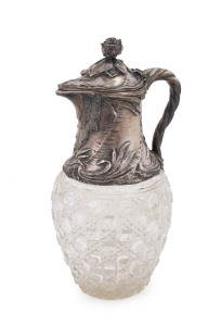 A German Art Nouveau claret jug, hobnail cut crystal and silver, circa 1895, stamped "800" with crown and crescent mark, 25cm high