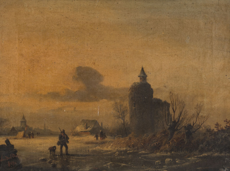 R. VAN DEN PLAS (Dutch, 19th century), town scene, oil on canvas, signed lower left "R. Van Den Plas, '49", ​31 x 41cm