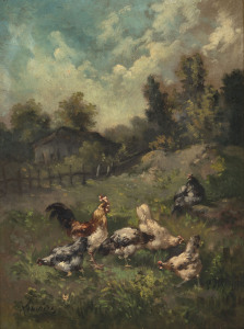 NIKOLAOS XIMONAS (1866-1929), farmyard scene with chickens, oil on canvas, signed lower left "Ximonas", ​41 x 30cm