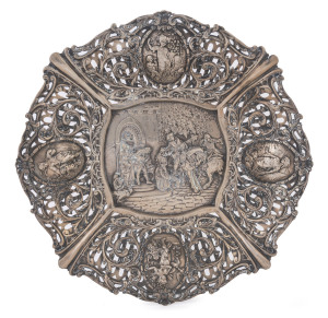 A German silver pierced bowl with repoussé scene, 19th century, stamped "800" with crescent and crown mark, 28cm wide, 400 grams