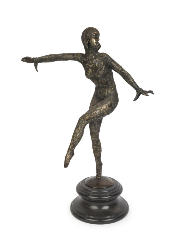 DEMETRE CHIPARUS (after), Art Deco dancing lady statue, cast bronze on Belgian black slate plinth, 2nd half of the 20th century, signed "D.H. Chiparus", 66cm high