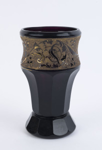 MOSER amethyst art glass vase withgilt decoration, early 20th century, 17.5cm high