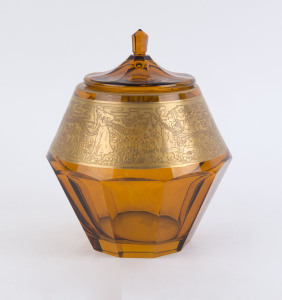 MOSER citrine glass lidded jar with gilt classical frieze, early 20th century, 21cm high