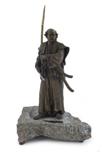 "MIYAMOTO MUSASHI" Japanese bronze Samurai statue, 20th century, 38.5cm high