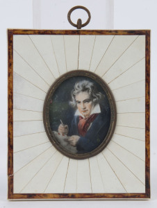 A miniature portrait of Beethoven in piano ivory frame with tortoiseshell trim, early 20th century, ​10 x 9cm overall