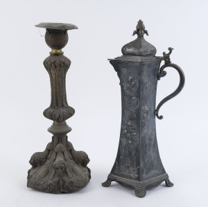 An Art Nouveau silver plated coffee pot most likely German, together with an antique metal candlestick, 19th century, (2 items), 38cm and 36cm high