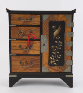 A Japanese jewellery box, parquetry and lacquered finish, late Meiji period, 20th century, ​29cm high