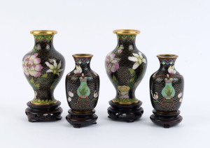 Two pairs of Chinese miniature cloisonne vases on wooden stands, 20th century, (4 items), ​the tallest 12.5cm overall