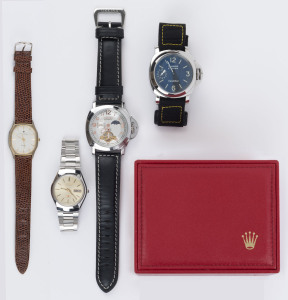 Four assorted wristwatches in a ROLEX branded box, (5 items)