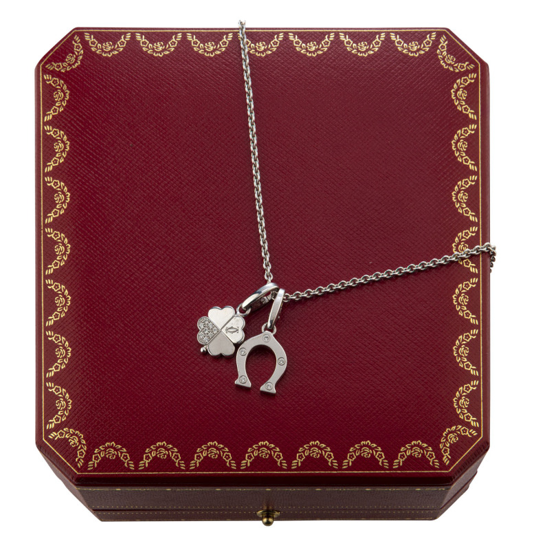 CARTIER 18ct white gold necklace with horseshoe and shamrock