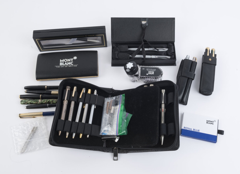 Assorted fountain pens, pens and accessories, MONT BLANC, PARKER etc, (qty)