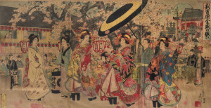 A Japanese woodblock three sheet print, Meiji period, 19th century, 36 x 70cm