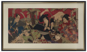 A Japanese three sheet woodblock print of Samurai warriors and lady, Meiji period, 19th century, ​35 x 71cm - 2