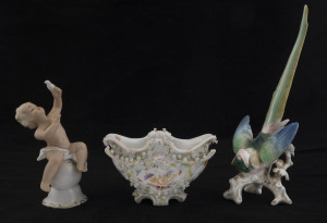 German porcelain Putti statue, bird statue and bowl, 19th and early 20th century, (3 items), the largest 25cm high