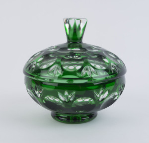 A Bohemian green overlay glass lidded bowl, 20th century, 14cm high, 14cm wide