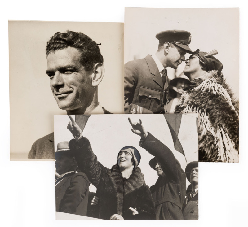 CHARLES ULM & HIS 1928 FLIGHTS: Three original press photographs associated with the May/June 1928 Trans-Pacific flight with Kingsford Smith, one endorsed "Mrs Ulm sees the plane arriving at Sydney" and dated July 12, 1928; also, a charming press photo (b