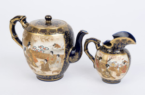 SATSUMA KINKOZAN pottery teapot and jug, Meiji period, (2 items), impressed seal mark and painted mark to base, the teapot 13cm high, 16cm wide