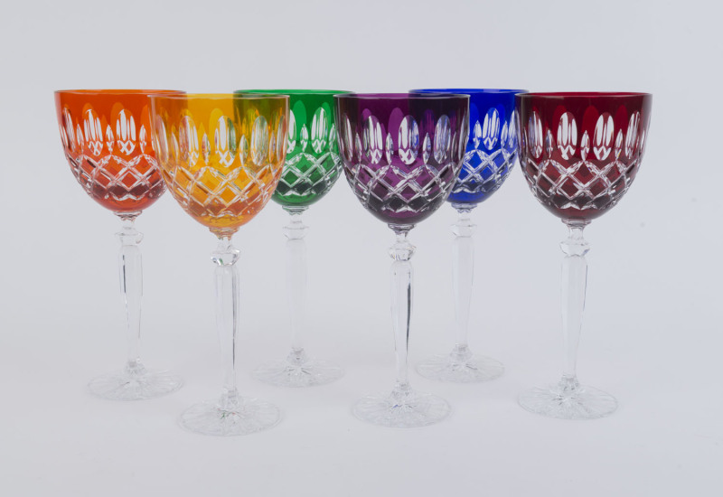 Set of six Bohemian overlay harlequin wine glasses, 20th century, ​22cm high