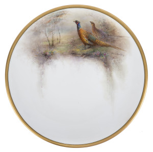 ROYAL WORCESTER English porcelain cabinet plate painted with pheasants, signed "STINTON", stamped "Royal Worcester, Made In England", 24cm diameter