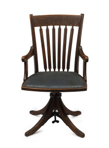 CUTLER & SON antique American oak office chair, 19th century, stamped "A. Cutler & Son, Buffalo, N.Y., Pat. Nov. 17, '85", 54cm across the arms