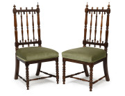 A pair of English rosewood hall chairs with green velvet upholstery, 19th century