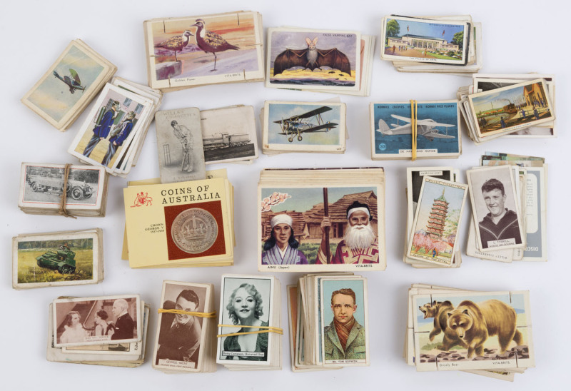 1930-50s era assortment with part to large part sets and oddments, various themes including film stars, aircraft, birds, coins of Australia, motor vehicles, etc; condition variable. (100s)