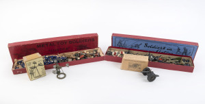 BRITAINS LEAD SOLDIERS: selections in two Britain's boxes including sailors, Colonial (Boer War) uniformed figures, WWII soldiers, various kneeling or prone riflemen, two horse-mounted dragoons; also Britains Sound Locator Model No. 1638 (in original box)