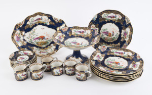 BOOTH'S "Pheasant" pattern English porcelain table ware comprising an oval serving dish, compote, 7 plates and 6 cups and saucers, 19th century. Brown factory mark to base with retailer's stamp "JOHN BATES & Co. Ltd. CHRISTCHURCH N.Z.", (21 pieces), ​the 