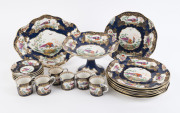 BOOTH'S "Pheasant" pattern English porcelain table ware comprising an oval serving dish, compote, 7 plates and 6 cups and saucers, 19th century. Brown factory mark to base with retailer's stamp "JOHN BATES & Co. Ltd. CHRISTCHURCH N.Z.", (21 pieces), ​the