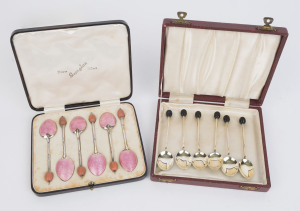 Two sets of six silver and enamel coffee spoons, 20th century