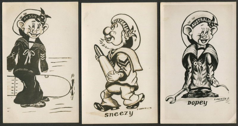 DISNEY - SNOW WHITE & THE SEVEN DWARFS: privately produced cartoon imagery by "B. Andersen" depicting Dopey (2) or Sneezy (1) in Australian Naval uniform, each card stamped verso "PASSED BY CENSOR/NOT/FOR PUBLICATION". (3)