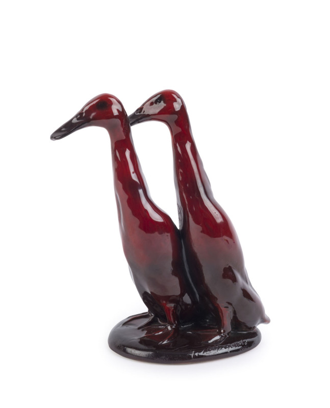 CACCIAPUOTI Italian porcelain flambe geese figure group, 20th century, original paper label to base, incised "Cacciapuoti", ​21cm high