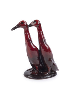 CACCIAPUOTI Italian porcelain flambe geese figure group, 20th century, original paper label to base, incised "Cacciapuoti", ​21cm high