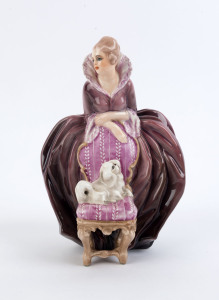 CACCIAPUOTI Italian porcelain statue of a woman with a dog, 20th century, with remains of original paper label to base, incised "Cacciapuoti", ​22cm high