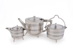 CHRISTOPHER DRESSER English Arts & Crafts silver plated three piece tea service by Walker & Hall of Sheffield, circa 1885, the teapot 11cm high, 20cm wide