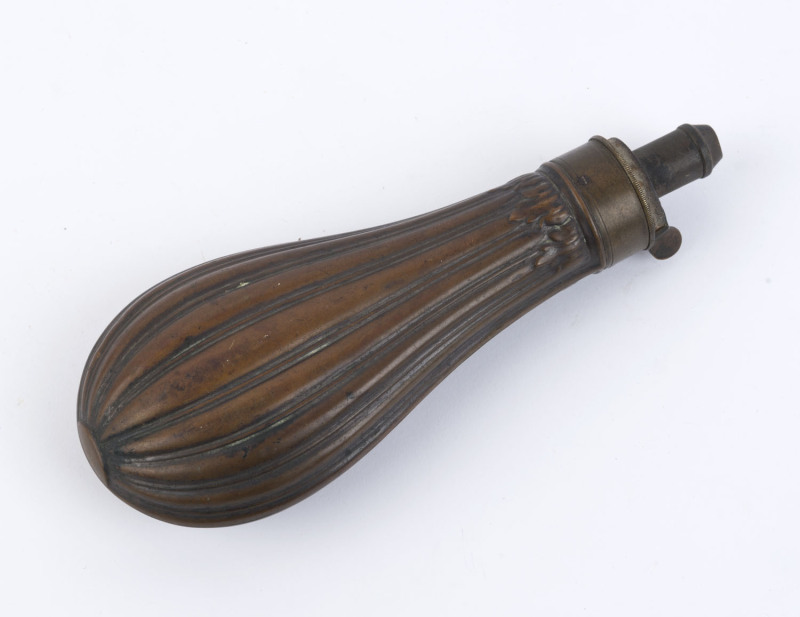 BLACK POWDER FLASK: brass and copper construction, mid 19th century. ​20cm long