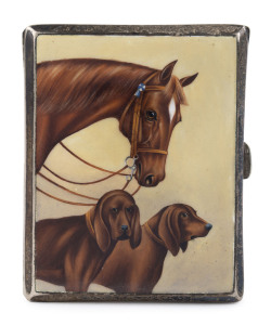 German cigarette case with enameled foxhunting image of horse & hounds, gilded interior, stamped "ALPACCA", circa 1900. 9cm high, 7cm wide.