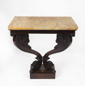 An antique English rosewood console table with marble top, circa 1830, 86cm high, 76cm wide, 46cm deep