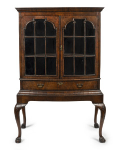An English Georgian bow front display cabinet, mahogany veneer, 18th century, 159cm high, 105cm wide, 54cm deep