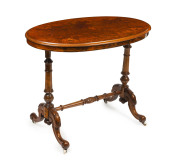 An antique English oval centre table, burr walnut with marquetry inlaid top, circa 1875, purchased from Acorn Antiques, Melbourne, 72cm high, 92cm wide, 53cm deep