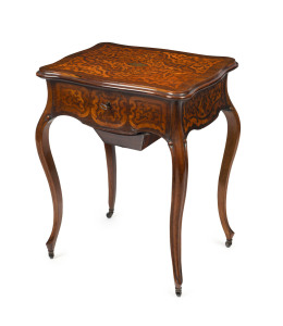 A French worktable, rosewood and kingwood, 19th century, with lift top with compartments in drawer, 72cm high, 57cm wide, 43cm deep