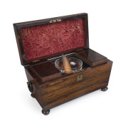 An antique English rosewood double tea caddy, early 19th century, interior fitted with original boxes and velvet lining, ​21cm high, 32cm wide, 16cm deep - 2