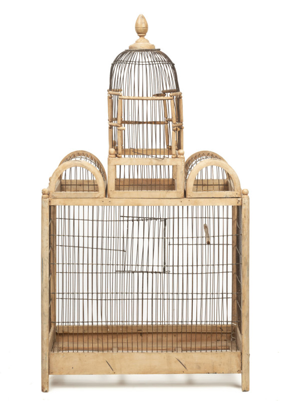 An antique timber birdcage, 99cm high, 54cm wide, 25cm deep