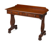 An antique provincial English Regency two drawer sofa table with lyre base, mahogany with pine secondaries, circa 1825, 82cm high, 114cm wide, 50cm deep