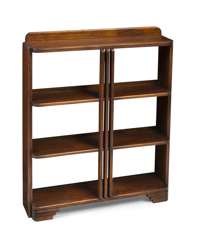 Art Deco hardwood bookshelves, circa 1930, 89cm high, 75cm wide, 20cm deep