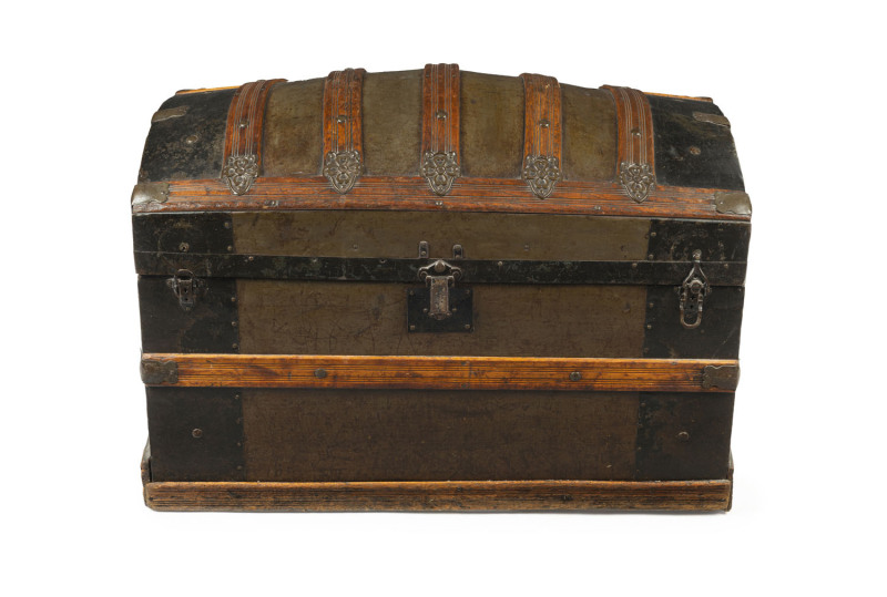 An antique Saratoga dome top trunk, interior decorated with colour lithograph portrait, 19th century, 58cm high, 84cm wide, 46cm deep